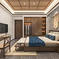 Chinese Style Hotel Guest Room With Wooden Furniture TV Writing Desk And Decorative Wall Art