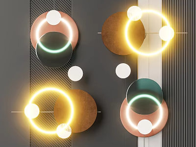 Round Inflatable Decorations With Colorful Rings Glowing Yellow Lights White Dots On Dark Striped Background 3d model