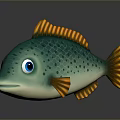 3D Cartoon Fish With Green Body Orange Fins Blue Eyes And Spots On Dark Background