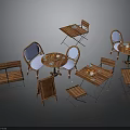 Wooden Outdoor Furniture Collection With Round Tables Chairs Benches And Blue Cushions