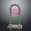 Turquoise Sculpture Carving With Arch Two Columns Brass Base Pink Glowing Ring