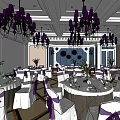 Elegant Banquet Hall With Round Tables White Tablecloths Purple Ribbons And Chandeliers