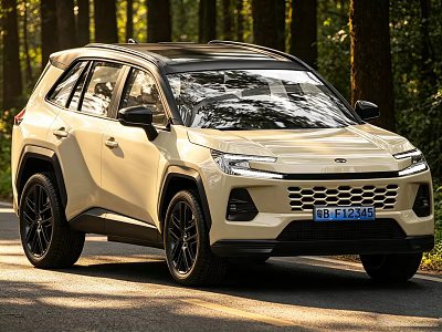Cream Colored SUV With Modern Front Design And Black Wheels On Forest Road 3d model