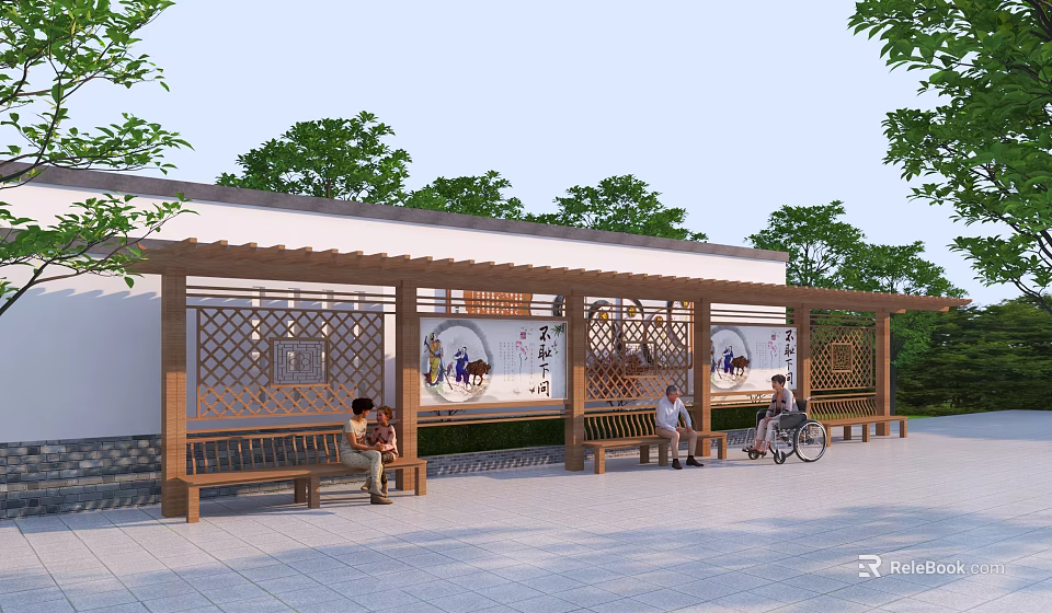 Outdoor Wooden Pergola With Benches People Resting Bicycle Decorative Wall Paintings And Trees 3d model 