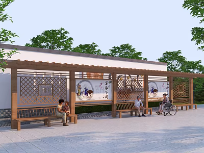 Outdoor Wooden Pergola With Benches People Resting Bicycle Decorative Wall Paintings And Trees 3d model