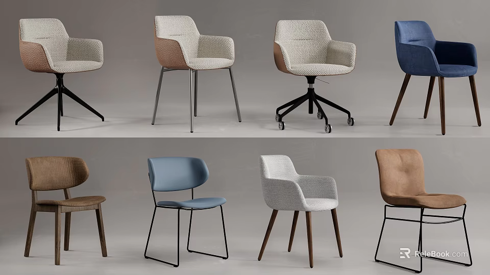 Stylish Modern Dining Chairs With Fabric Upholstery Armrests Wheels And Metal Wooden Legs 3d model 