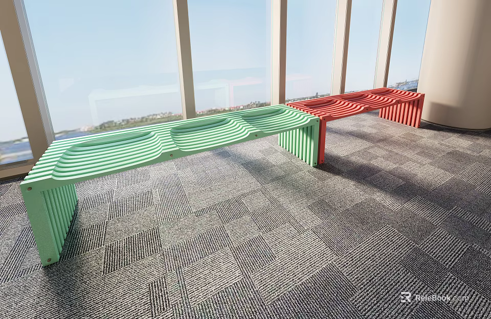 Green and Red Public Chairs with Striped Design in Indoor Space with Windows and Carpet 3d model 