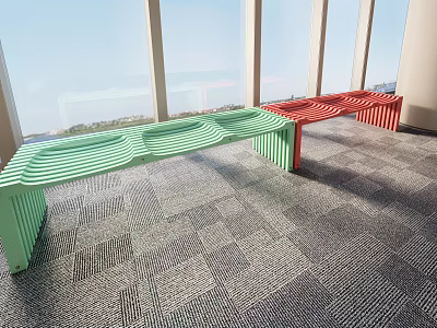 Green and Red Public Chairs with Striped Design in Indoor Space with Windows and Carpet 3d model