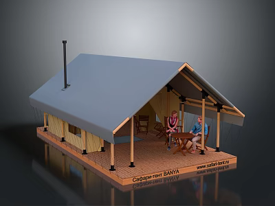 Cozy Glamping Tent Interior With Wooden Structure Chimney And People Sitting At Table 3d model