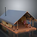 Cozy Glamping Tent Interior With Wooden Structure Chimney And People Sitting At Table