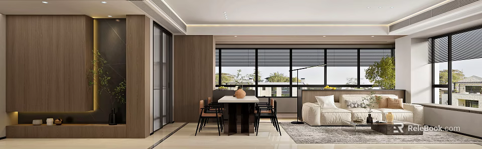 Modern Dining and Living Room Interior With Wooden Walls Dining Table Chairs Sofa And Windows 3d model 