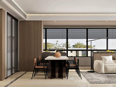 Modern Dining and Living Room Interior With Wooden Walls Dining Table Chairs Sofa And Windows 3d model