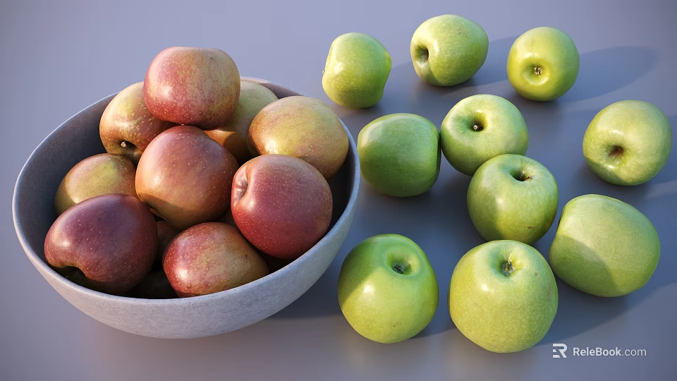 Fresh Red Apples in a Bowl with Green Apples Scattered on Gray Surface 3d model 