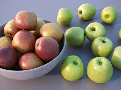Fresh Red Apples in a Bowl with Green Apples Scattered on Gray Surface 3d model