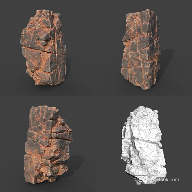 Realistic Rock Stone Models Featuring Textured Surfaces And Wireframe Views 3d model 