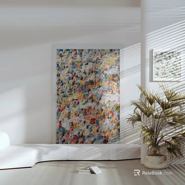 Vibrant Colorful Collage Artwork On White Wall With Potted Plant And Sofa 3d model 