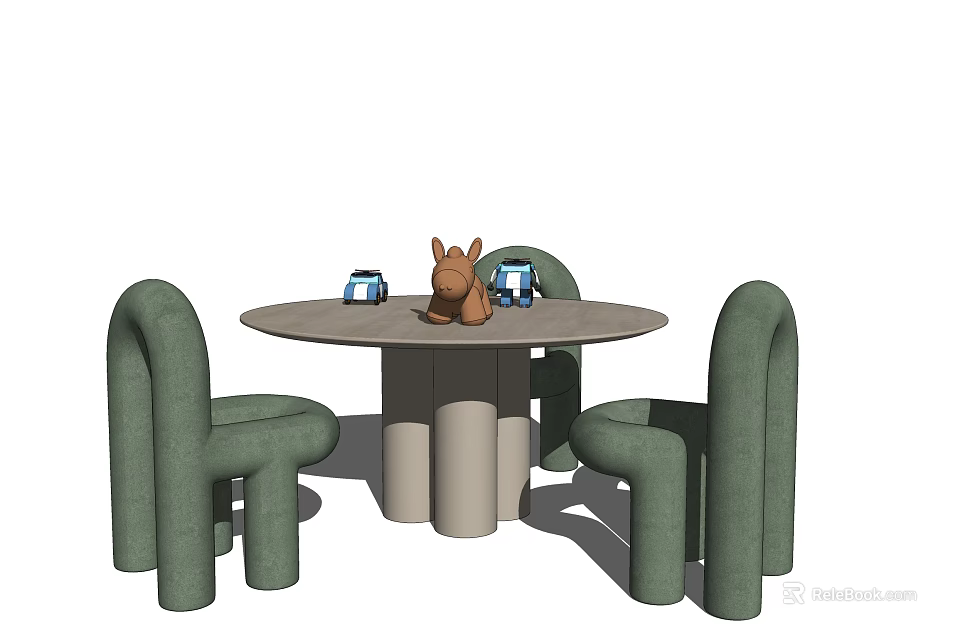 Simple Design Round Children's Table With Green Chairs And Stuffed Animal Toys 3d model 