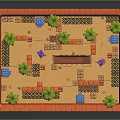 Miniature Tropical Scene With Palm Trees Brick Walls Small Buildings And Paths