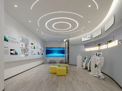 Smart Technology Exhibition Hall With White Robot Digital Display Panels And Yellow Stools 3d model