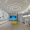 Smart Technology Exhibition Hall With White Robot Digital Display Panels And Yellow Stools