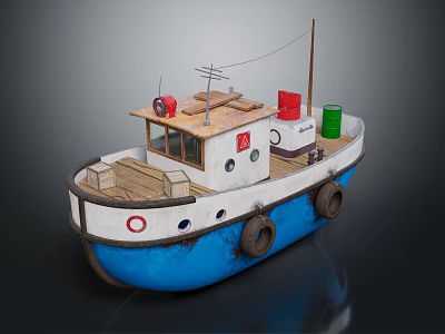 Blue And White Wooden Boat With Small Cabin Red Green Boxes And Antenna On Deck 3d model