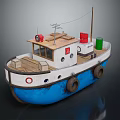 Blue And White Wooden Boat With Small Cabin Red Green Boxes And Antenna On Deck