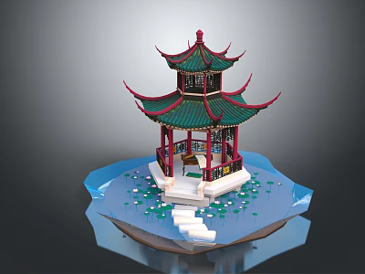 Cartoon Style Chinese Traditional Pavilion On Water Surface With Lotus Flowers And Stone Steps 3d model