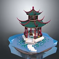 Cartoon Style Chinese Traditional Pavilion On Water Surface With Lotus Flowers And Stone Steps