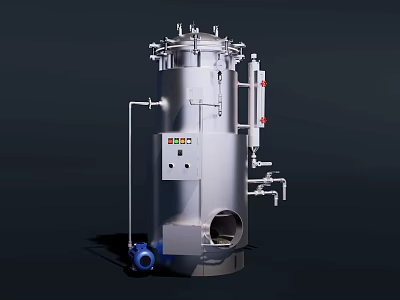 Industrial Equipment Metal Pressure Vessel With Pipes Valves And Control Panel 3d model