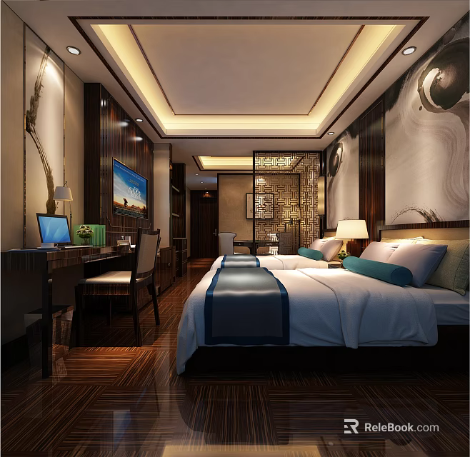 Luxury Hotel Mahjong Room With Traditional Wooden Furniture And Ambient Lighting 3d model 