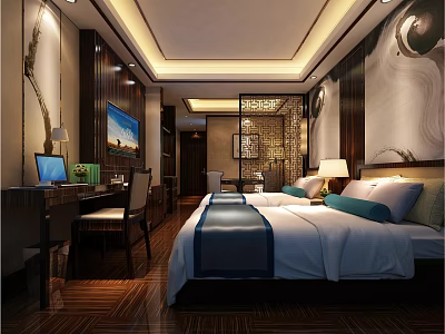Luxury Hotel Mahjong Room With Traditional Wooden Furniture And Ambient Lighting 3d model