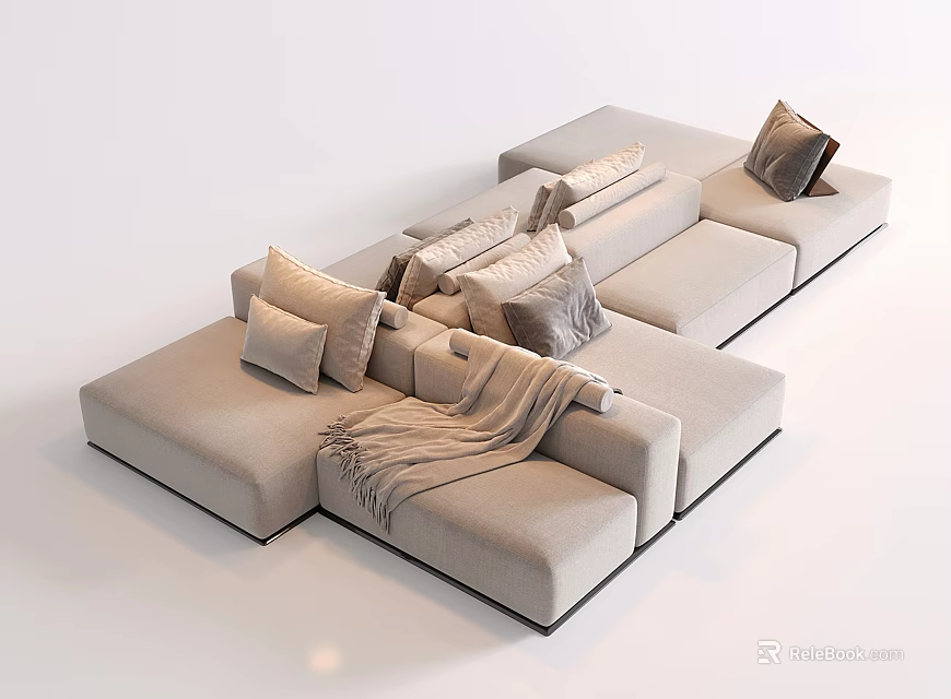 Modern Light Gray Sectional Sofa With Plush Cushions And Soft Throw Blanket 3d model 