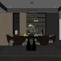 Modern Dining Room With Chandelier Dining Table Chairs Shelves Plant And Window Rug