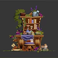 Wooden Desk And Bookshelf With Potted Plants Tea Set Purple Flowers And Scattered Green Leaves