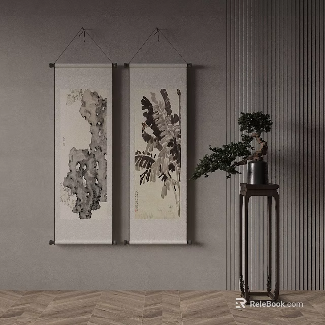 Chinese Ink Scroll Paintings On Wall With Green Plant And Small Table Decor 3d model 