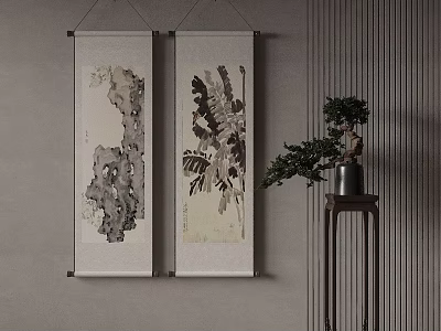 Chinese Ink Scroll Paintings On Wall With Green Plant And Small Table Decor 3d model