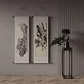 Chinese Ink Scroll Paintings On Wall With Green Plant And Small Table Decor