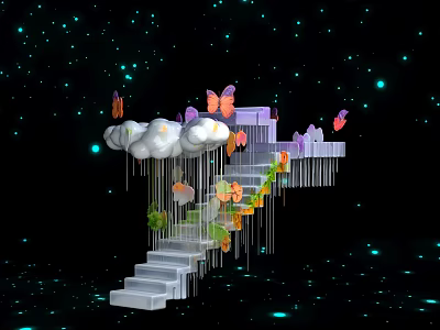 Art Installation With Floating Stairs Clouds And Colorful Butterflies On Starry Background 3d model