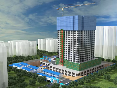 Construction Site Featuring Tall Building Under Construction With Crane And Surrounding Green Spaces 3d model