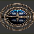 Ornate Copper Decorative Sphere With Blue Glowing Core And Metal Rings