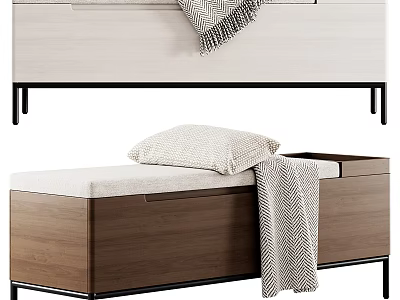 Modern Fabric Ottoman With Wooden Frame Metal Legs And Decorative Pillow Throw Blanket 3d model