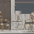 Two Luxury Leisure Chairs With Golden Carved Frame Floral Patterned Cushions Marble Wall And Wooden Paneling