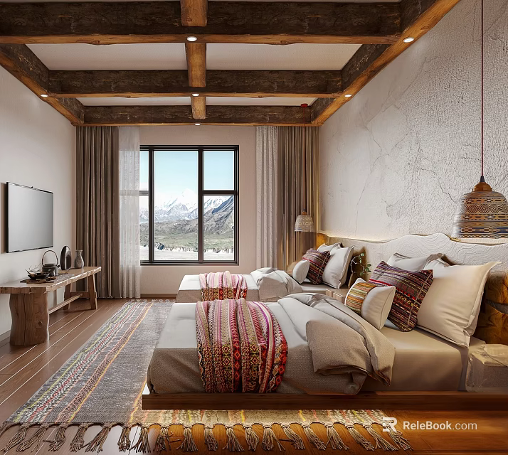 Rustic Hotel Guest Room With Twin Beds Wooden Beams And Mountain View 3d model 