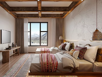 Rustic Hotel Guest Room With Twin Beds Wooden Beams And Mountain View 3d model