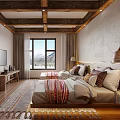 Rustic Hotel Guest Room With Twin Beds Wooden Beams And Mountain View