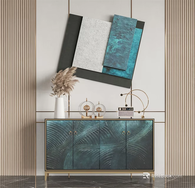 Elegant Modern Entryway Interior With Teal Console Cabinet And Decorative Ornaments 3d model 