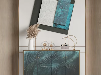 Elegant Modern Entryway Interior With Teal Console Cabinet And Decorative Ornaments 3d model