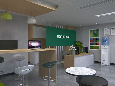 Modern Lounge Area with LOCONO Sign Bar Counter Bar Stools Round Table and Potted Plant 3d model
