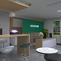 Modern Lounge Area with LOCONO Sign Bar Counter Bar Stools Round Table and Potted Plant