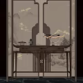 Traditional Chinese Wooden Console Table With Landscape Screen And Decorative Ornaments